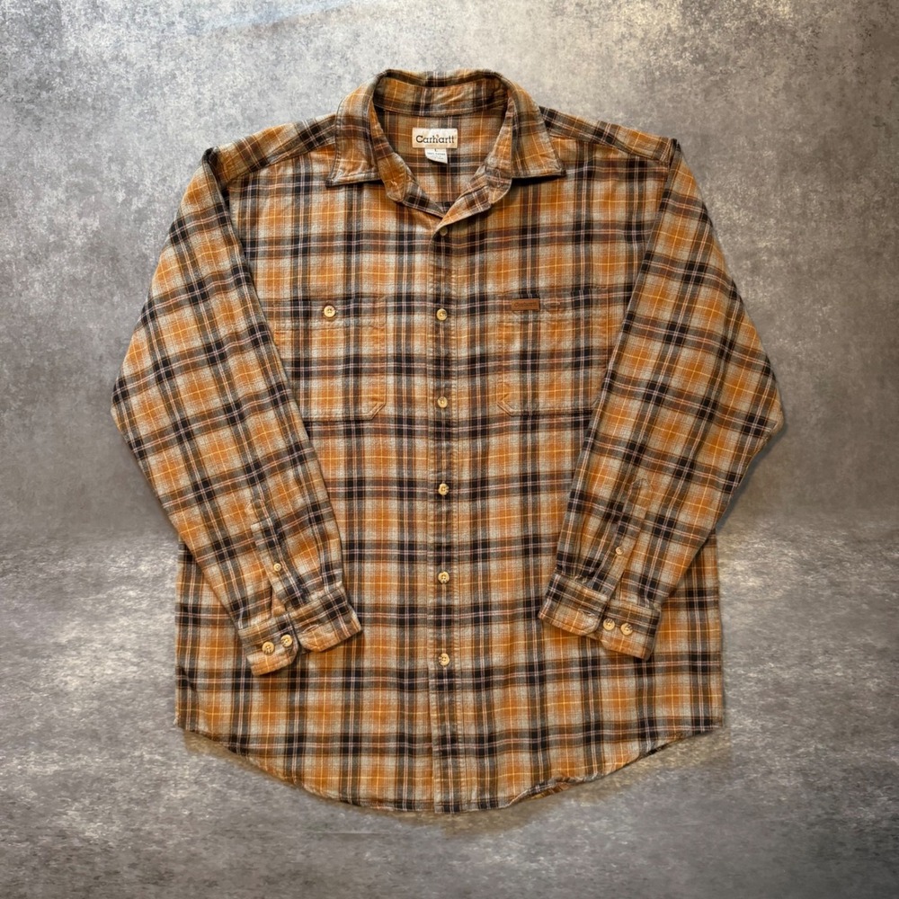 Carhartt Flannel Shirt Mens Large Orange Brown Plaid Workwear Long Sleeve Button
